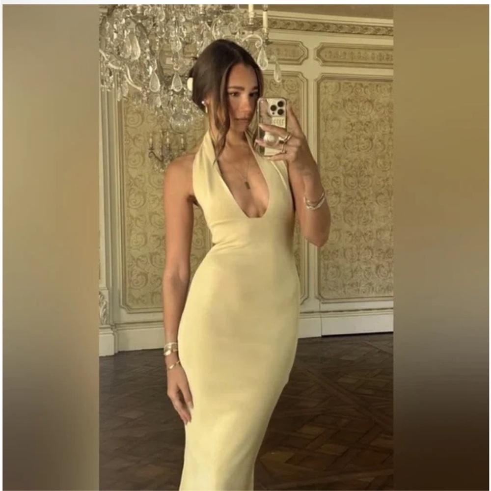 WEWOREWHAT Fashioned Ribbed Knit Halter Maxi Dress in Wheat - SZ Small